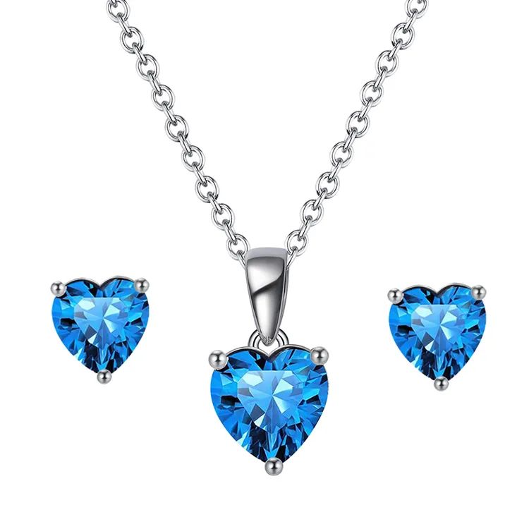 Necklace Earring Set 2021 Fashion Design Cheap Wholesale 4A Cubic Zircon 925 Sterling Silver Blue Heart Necklace Earring Jewelry Set