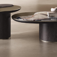 Table basse de luxe Wabi-Sabi - Plateau en marbre noir cosmique, structure en acier inoxydable, finition placage en bois de noyer, meubles de salon