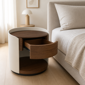 Mesita de Noche Cilíndrica Moderna con Chapa de Nogal, Acabado Crema Horneado, Cajón de Madera Maciza con Cierre Suave y Estante Abierto para Dormitorio - Product Image 2