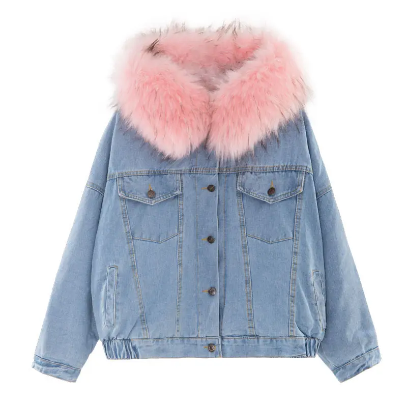 2022 New Trending Heavy Chamarra Mezclilla Dama Winter Button Fur Collar Demin Jacket For Women