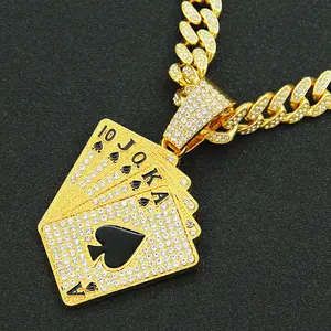 Men Women Hip Hop With Crystal Cuban Chain HipHop Iced Out Bling Necklaces Playing Card Pendant Necklace