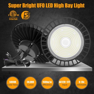 Lámpara LED UFO High Bay de 150W/200W, Regulable 0-10V, Cable de 10', con Enchufe Americano, Gancho para Colgar y Cuerda de Seguridad para Almacén, Fábrica, Granero, Tienda - Product Image 3
