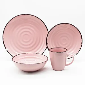 16 Uds oro rosa fiesta copas para mesa placas en relieve vajilla de cerámica con metálico borde