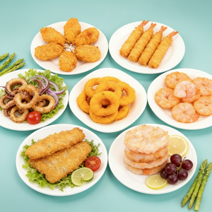 Produits de la mer panés pré-frits directement de l'usine : crevettes, calamars et poissons, prêts à frire, en gros, pour les chaînes de restauration rapide - Product Image 1