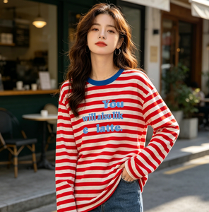 T-shirt à manches longues rayé <span class=keywords><strong>rouge</strong></span> et <span class=keywords><strong>blanc</strong></span> pour <span class=keywords><strong>femme</strong></span>, col <span class=keywords><strong>bleu</strong></span> avec imprimé lettres, haut décontracté - Product Image 2