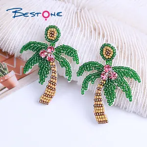 Bestone Customizable Pattern Bead Embroidery Beach Vacation Coconut Tree Shape Pendant Beaded Earrings for Women