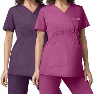 Groothandel Custom Vrouwen Stretch Wrap Trekkoord Scrub Top Kraamverpleegkundige Scrubs Joggers Uniformen Pak Sets