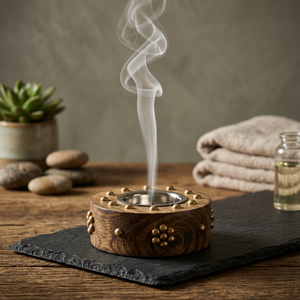Quemador de Incienso de Sándalo Hecho a Mano con Inserto Metálico, Difusor Aromático, Forma de Cuenco Decorativo para Mesa, Uso Doméstico, Ramadán, Eid - Product Image 1