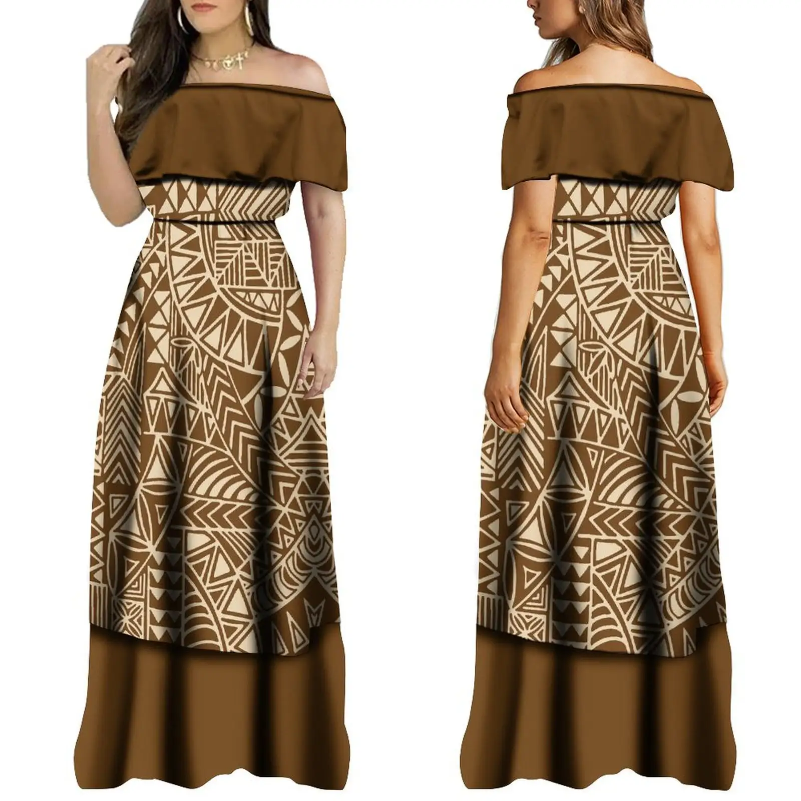 Syal kustom kualitas tinggi gaun Hawaii bahu terbuka gaun wanita motif Tribal Polinesia coklat gaun berjenjang Maxi panjang