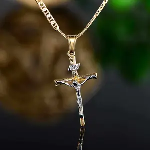 Cross Necklace Fine Jewelry 18k Gold Plated Flat Mariner Marina Chain Necklace With Cross Pendant For Women Men Boy Girls