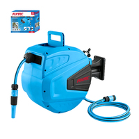 Enrouleur de tuyau d'arrosage rétractable FIXTEC avec boîtier en PP, tuyau hybride en polymère de 20 m, raccords 1/2'' et 3/4'' BSP, adaptateur filetage US, pulvérisation d'eau extérieure