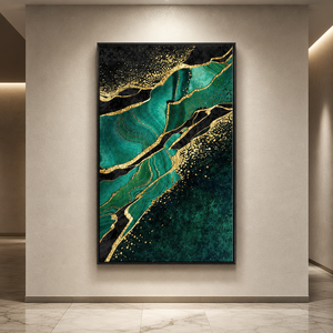 Moderno Lussuoso Triptico su Tela Verde Smeraldo e Foglia d'Oro, Dipinto Astratto Effetto Marmo e Agata per Arredamento Soggiorno - Product Image 4