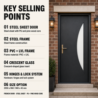 Porte d'entrée en acier moderne sur mesure de style français, cadre en acier, verre en croissant, porte simple pour villa, maison, entrée principale, porte de sécurité