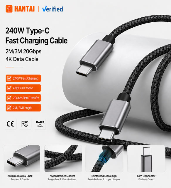 Premium 240W USB-C Cable PD 3.1 Fast Charging 20Gbps High Speed Data Sync 4K 60Hz Video Nylon Braided Durable Wire