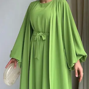 2023 New Design Fashion Women Muslim Dresses OEM Lace Up Waist Loose Fitting Outerwear Long Sleeve Dress Abaya