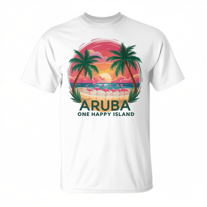 Camiseta Premium Promocional de Aruba's One Happy Island con Hermosa Vista de la Playa al Atardecer y Flamencos - Product Image 2