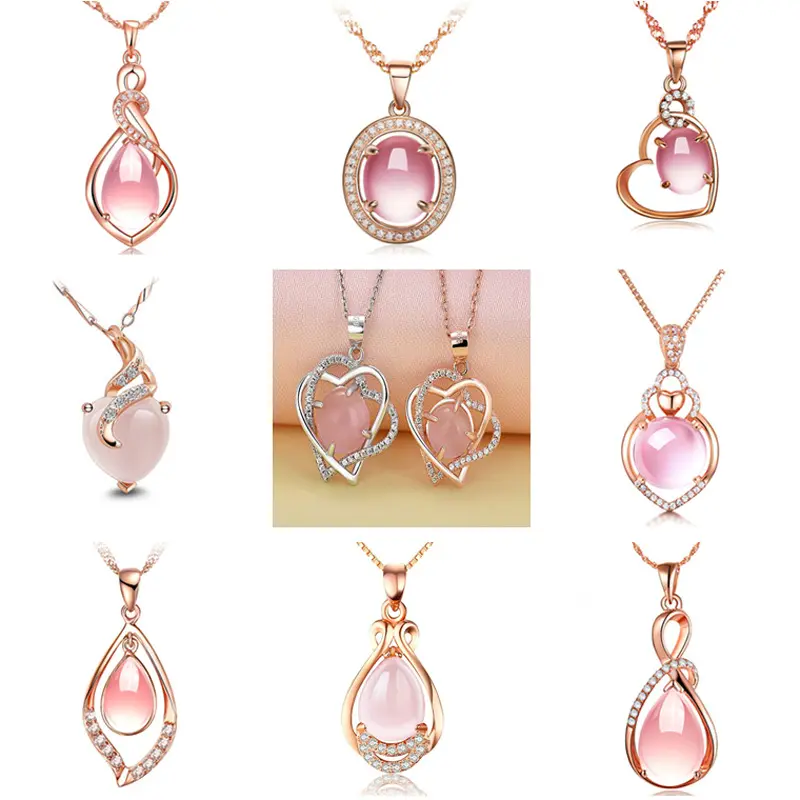 S925 Silver Natural Rose Quartz Crystal Stone Pendant Necklace for Women Gemstone Fashion Jewelry