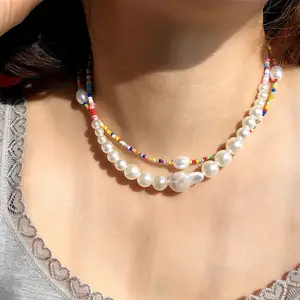 New Kalung Tiny Hand Made Jewelry DIY Rainbow Color Rice Seed Bead Mother Of Pearl Choker Necklace