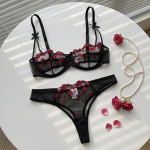 Wholesale Black Rose Embroidery Lingerie <b>Set</b> <b>Sexy</b> Sheer Mesh Underwire Bra and Thong Panties <b>Set</b> 2 Piece Bow Lace Intimates - Product Image 3