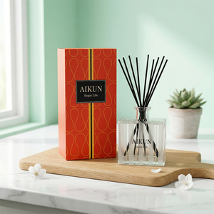 Aikun Custom Pattern Box Bright Festive 150ML Square Glass Orange Blossom IP12 <b>Reed</b> <b>Diffuser</b> Gift Set For Kitchen Counter - Product Image 1