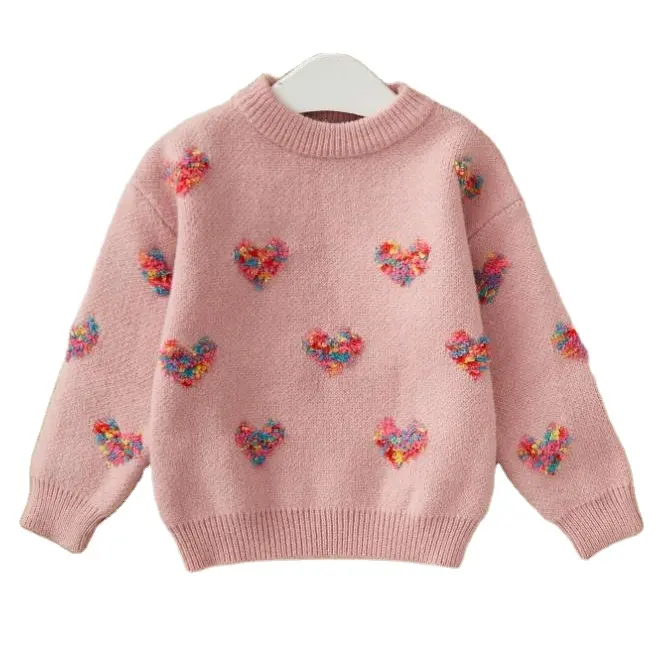 OEM ODM 서비스 라운드 넥 풀오버 스웨터 사용자 정의 로고 귀여운 유아 소녀 심장 패턴 드롭 숄더 점퍼 스웨터