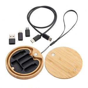 Câble de données QM Eco avec design biodégradable, adaptateurs inclus pour tous les appareils, boîte de rangement en bambou organisée, logo gravé - Product Image 2