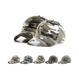 Venta al por mayor de sombreros personalizados para pesca y acampada al aire libre de camuflaje para turistas, gorras de béisbol lisas con ala curva de gamuza de 6 paneles para hombres