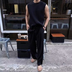 Men's Ice Silk Sleeveless Vest Set Beige Quick Dry Leisure Wear Summer Casual Fitness <b>Pants</b> Straight Hem Thin Viscose Fabric - Product Image 3