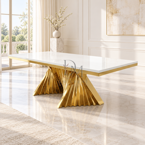 Table de salle à manger haut de gamme en acier inoxydable doré avec plateau blanc et bases à double ventilateur, fournisseur en gros pour banquets de mariage - Product Image 3