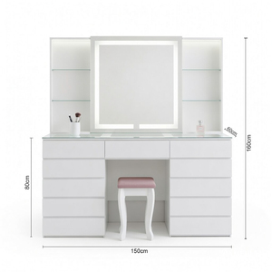 Coiffeuse moderne blanche à LED avec miroir éclairé, 11 tiroirs, plateau en verre, bureau de maquillage, ensemble de meubles de chambre - Product Image 4