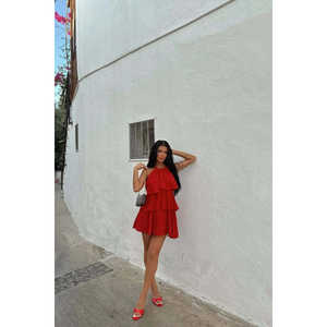 Robe élégante décontractée formelle à volants en géorgette translucide à motif uni Henrika rouge Tailles XS XL 6XL pour les occasions de vacances de jour - Product Image 5