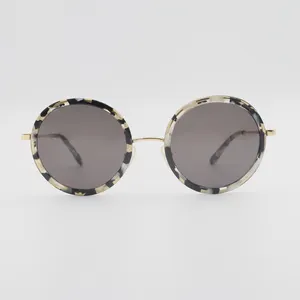 Unisex OEM Polarized Sun Glasses Sunglasses White Tortoise Acetate Combined Stainless Steel Women Resin Round Customizable