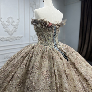 Robe de bal de fin d'année à épaules dénudées en or avec fleurs pour femmes Jancember 7334-1 - Product Image 4