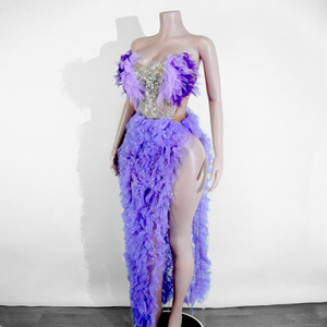 Vestido de mujer morado de calidad premium para Drag Queen, sexy, de malla transparente con purpurina, corsé de encaje, con abertura alta, para baile, ropa de escenario, fiesta en discoteca - Product Image 2