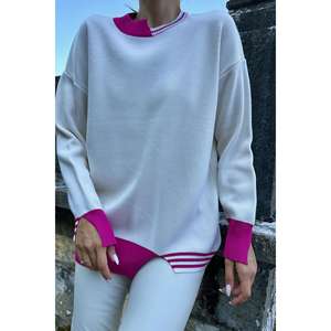 Maglione lavorato a <span class=keywords><strong>maglia</strong></span> con colletto e polsini <span class=keywords><strong>fucsia</strong></span>, da <span class=keywords><strong>donna</strong></span>, casual, a maniche lunghe, anti-pilling, bianco con dettagli rosa - Product Image 2