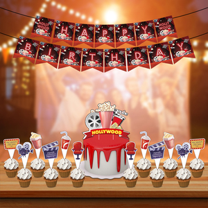 Décorations modernes pour soirée cinéma et fête d'anniversaire, comprenant assiettes, serviettes, ballons, bannière et toile de fond pour événements sur le thème du cinéma - Product Image 4