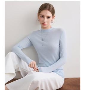 T-shirt pour <span class=keywords><strong>femme</strong></span> à manches longues, <span class=keywords><strong>col</strong></span> montant, coupe ajustée, couleur unie, fin, anti-boulochage, printemps et automne - Product Image 2