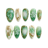 Lot de 10 faux ongles amande en marbre vert émeraude, faits main, avec fil doré 3D, motif floral, collection Printemps