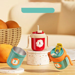 300ml sans BPA PP et bouteille thermos en acier inoxydable pour bébé avec paille imprimés d'animaux mamelon poignée à débit lent - Product Image 3