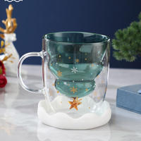 Mug en verre à double paroi isolé, style Noël, avec couvercle et poignée, tasse cadeau de fête mignonne et festiviste