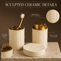 Ensemble de toilette quatre pièces en céramique personnalisé à motif feuille avec gobelet de rinçage dentaire, accessoires de décoration intérieure