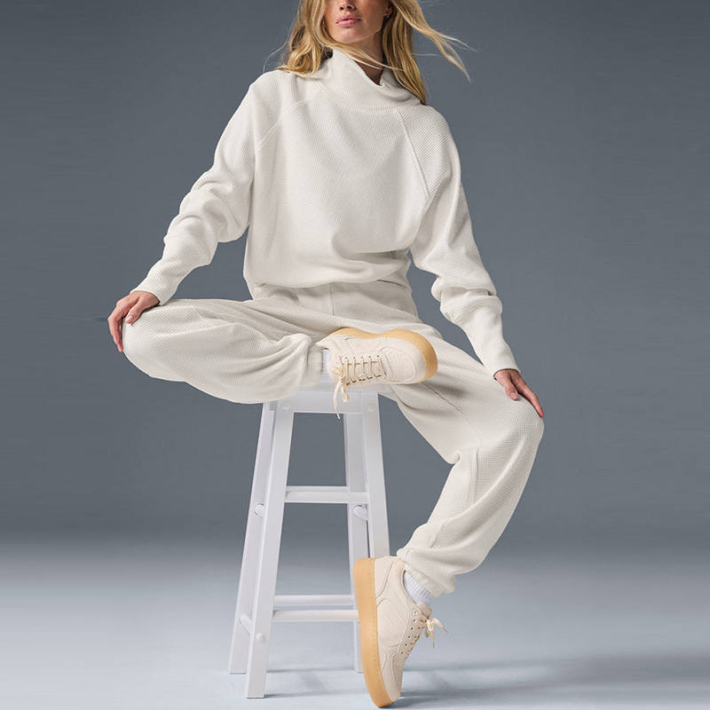Waffle Turtleneck Pullover Long Sleeve Top Stretchy Drawstring Casual Pants Fitness Yoga Sports Suit Women Winter