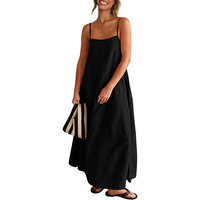 Robe d'été élégante en lin tissé numérique pour femme, coupe trapèze, longueur genou, bretelles fines, sans manches, dos nu, idéale pour la plage