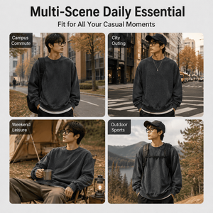 Wholesale <b>Men</b> 380G Solid Knit Sweatshirt Heavyweight Vintage Washed Oversized Crewneck Streetwear Supplier OEM Top Wear Bulk - Product Image 6