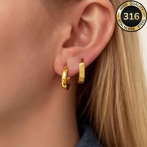 2 paires de boucles d'oreilles carrées minimalistes européennes et américaines, en acier titane, plaquées or, géométriques, simples, style ins - Product Image 1