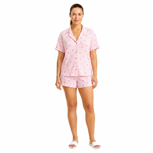 Conjunto de Pijama de Verano y Otoño para Mujer, al por Mayor, con Estampado Floral Rosa, Manga Corta, Tejido de Punto, Abotonado, Dos Piezas, Pantalones Cortos, Suave - Product Image 1
