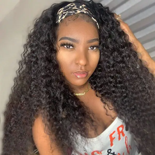 Peruvian Hair Headband Human Hair Non Lace Wig Kinky Curly Headband Virgin Human Hair Glueless Non Lace Wig For Black Women