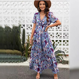 Floral Print V-neck Long <b>Dress</b> <b>Elastic</b> Waist Casual Daily Wear Short Sleeve Maxi <b>Dress</b> - Product Image 3