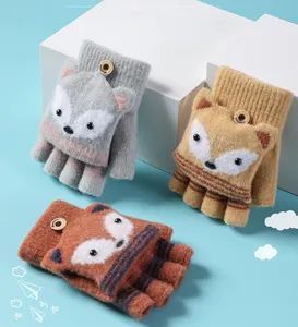 Children's Girls' half finger flip cartoon knitting warm dew finger winter gloves Boy's cute fox pattern gloves for 5-10 age