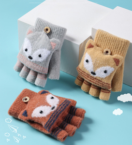 Enfants de Filles moitié doigt flip tricot cartoon chaud rosée doigt gants d'hiver de Garçon mignon renard motif gants pour 5-10 âge - Product Image 1
